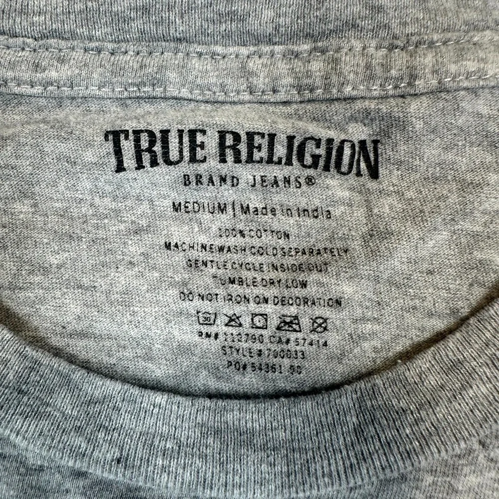 True Religion T Shirt Mens Medium Heathered Gray Graphic Print Logo Short Sleeve